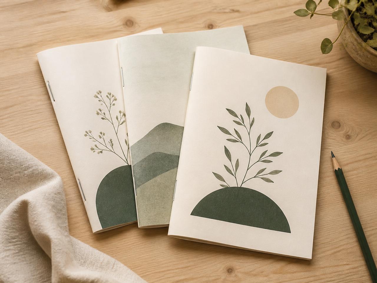 Quatro cadernos impressos e grampeados sobre uma mesa de madeira clara